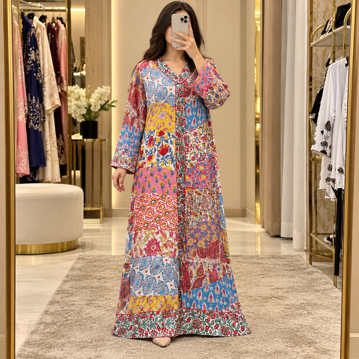 L/XL Zeins Printed Cotton Long Dress Jalabiya – 57"