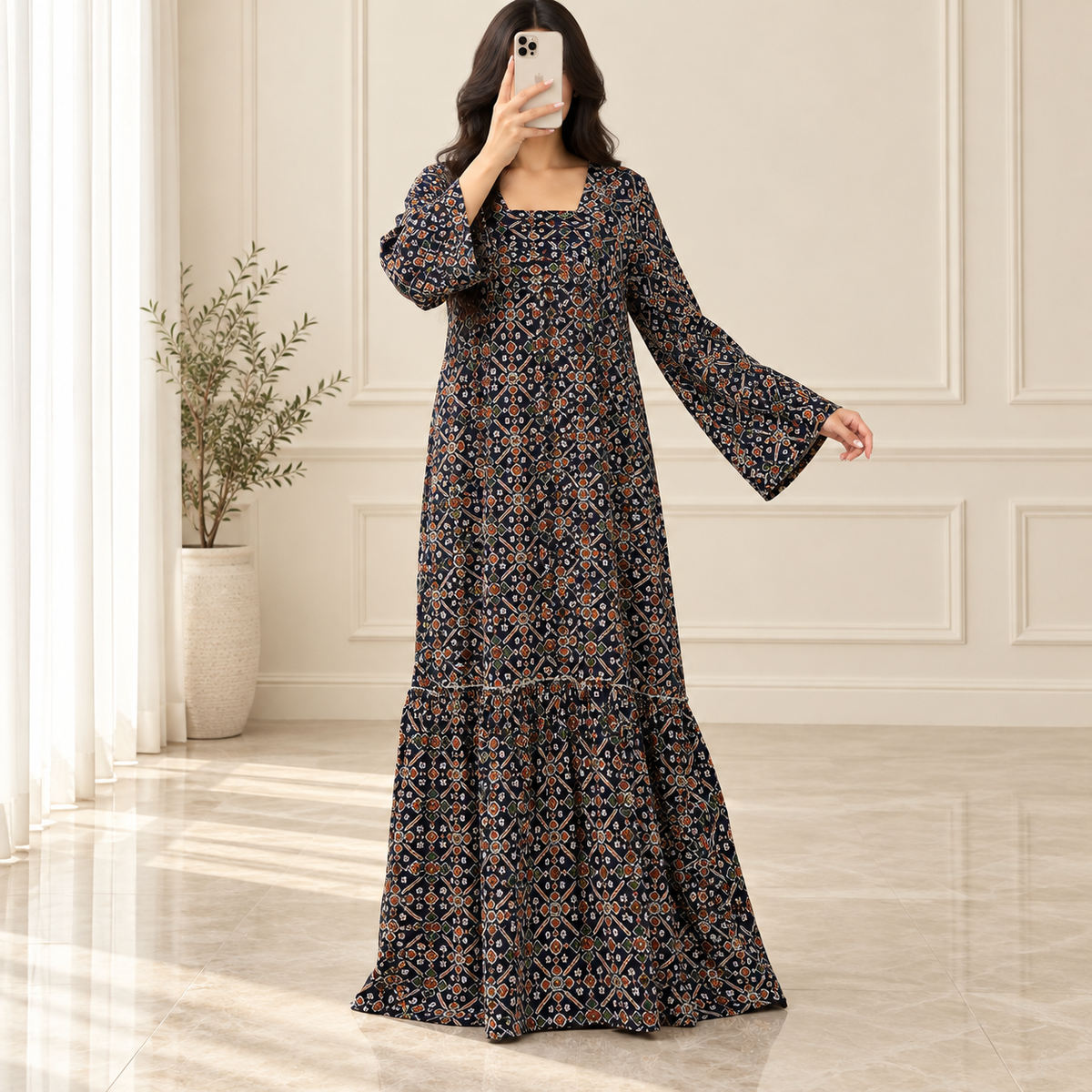 L/XL Misba Printed Cotton Long Dress Jalabiya – 57