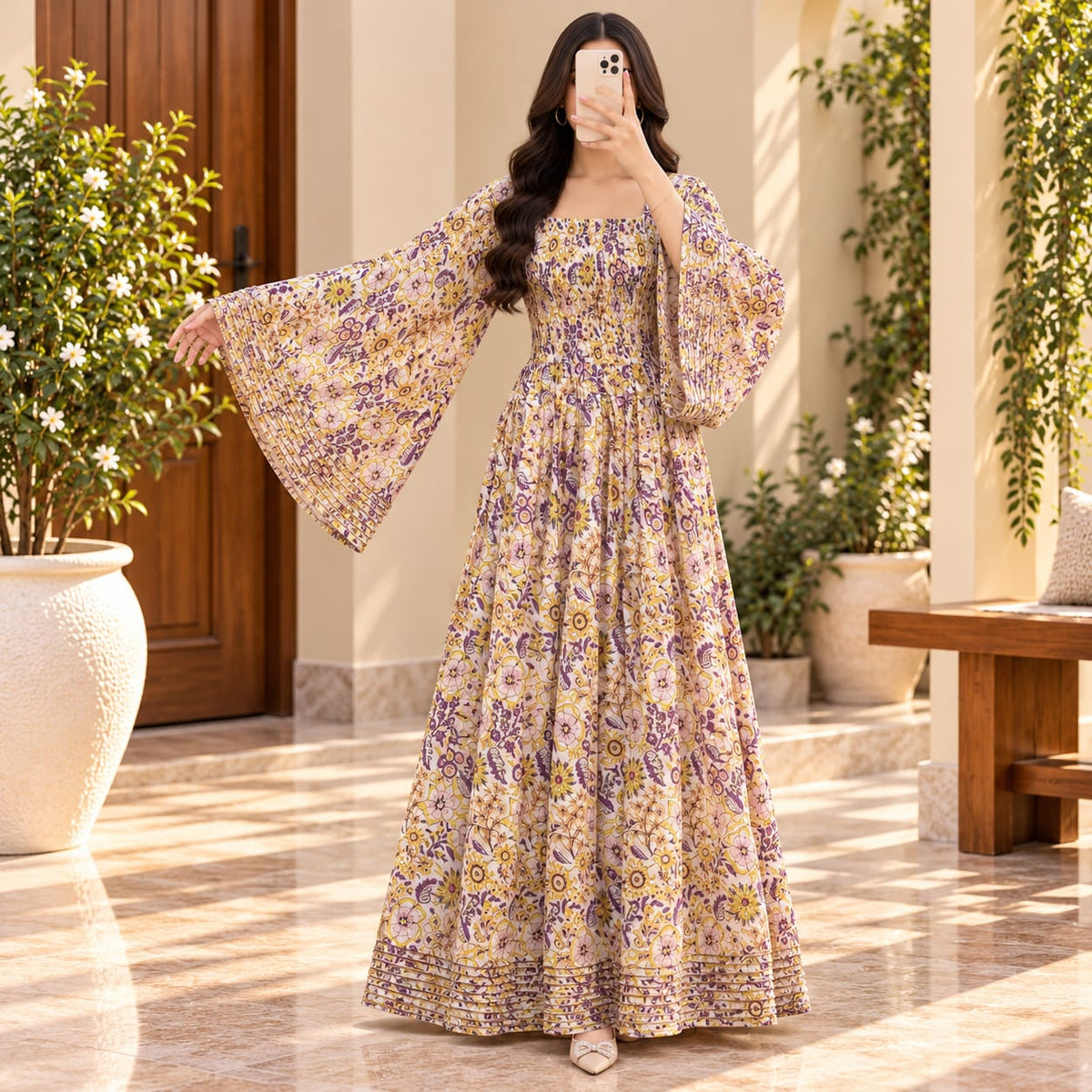 XS/S Elzina Printed Cotton Long Dress Jalabiya – 54"