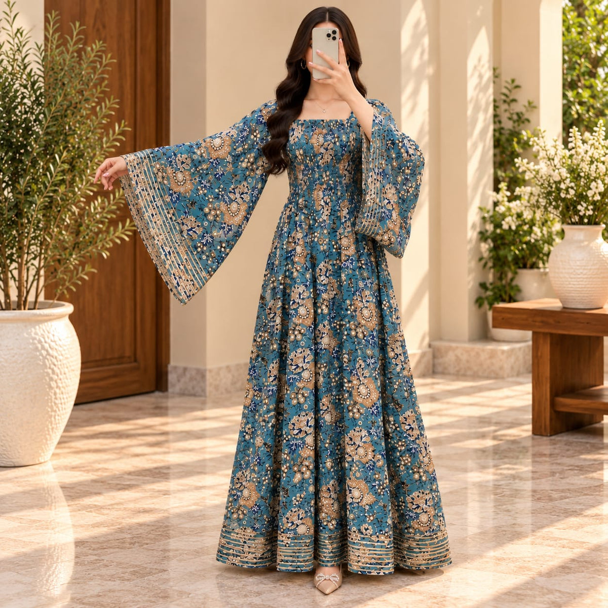 S/M Elzina Printed Cotton Long Dress Jalabiya – 57"