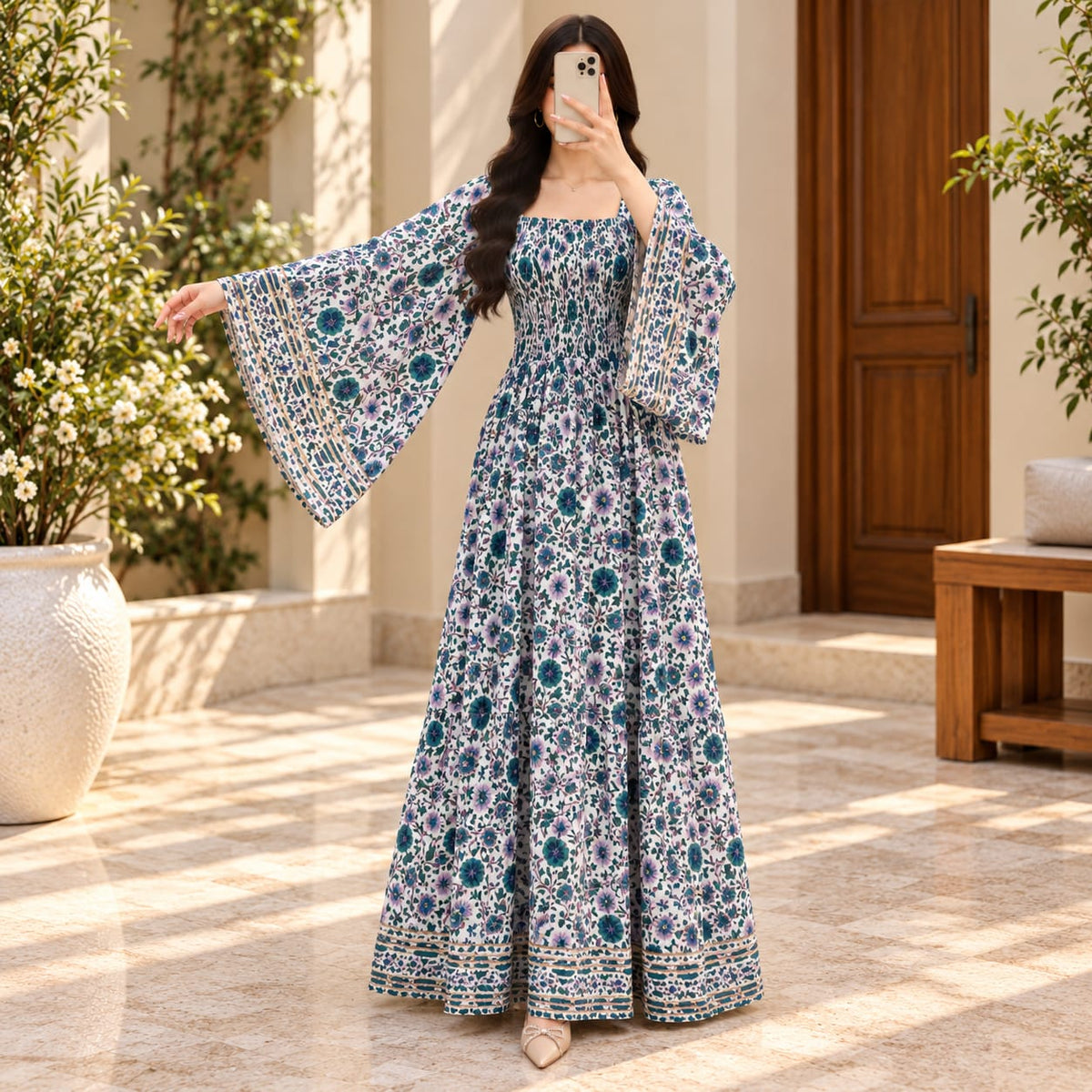XS/S Elzina Printed Cotton Long Dress Jalabiya – 54"