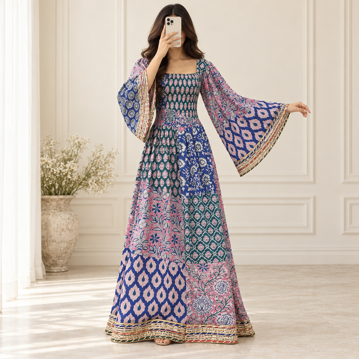 S/M Elzina Printed Cotton Long Dress Jalabiya – 57"