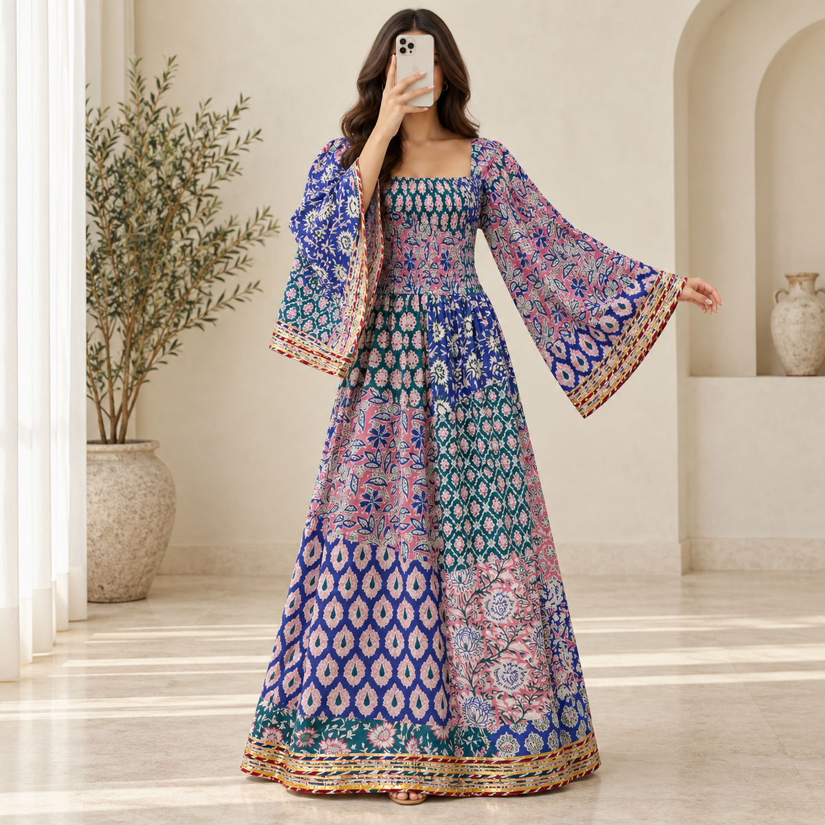 2XL3/XL Elzina Printed Cotton Long Dress Jalabiya – 57