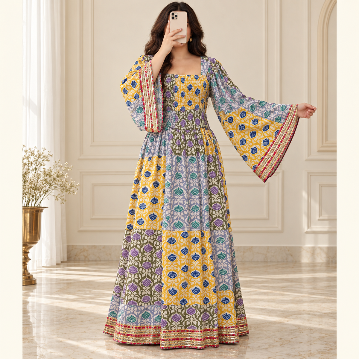 2XL3/XL Elzina Printed Cotton Long Dress Jalabiya – 57