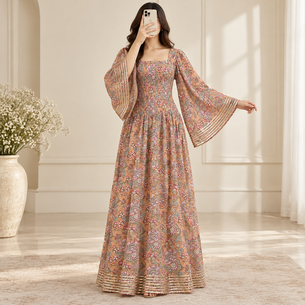 S/M Elzina Printed Cotton Long Dress Jalabiya – 57"