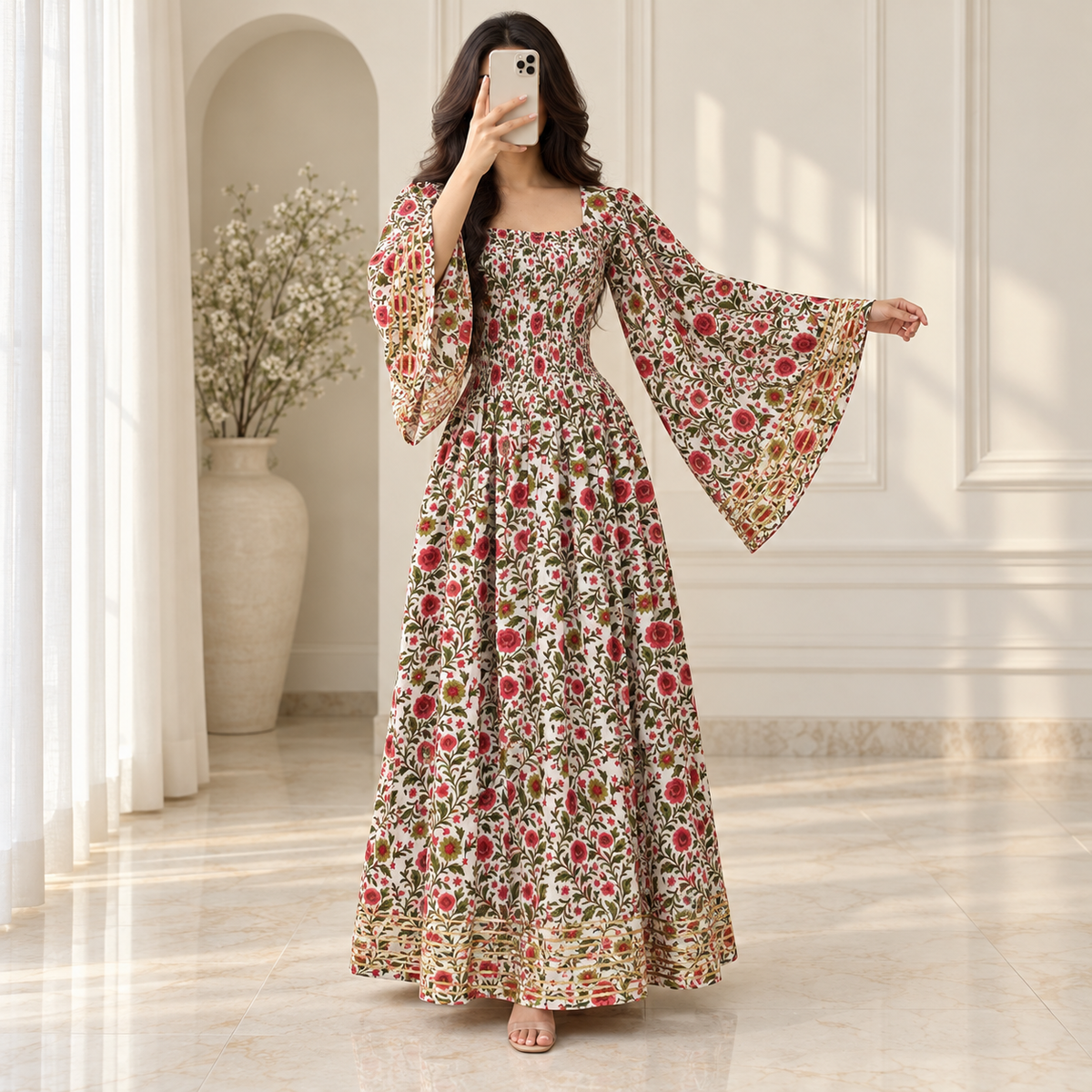 XS/S Elzina Printed Cotton Long Dress Jalabiya – 54"