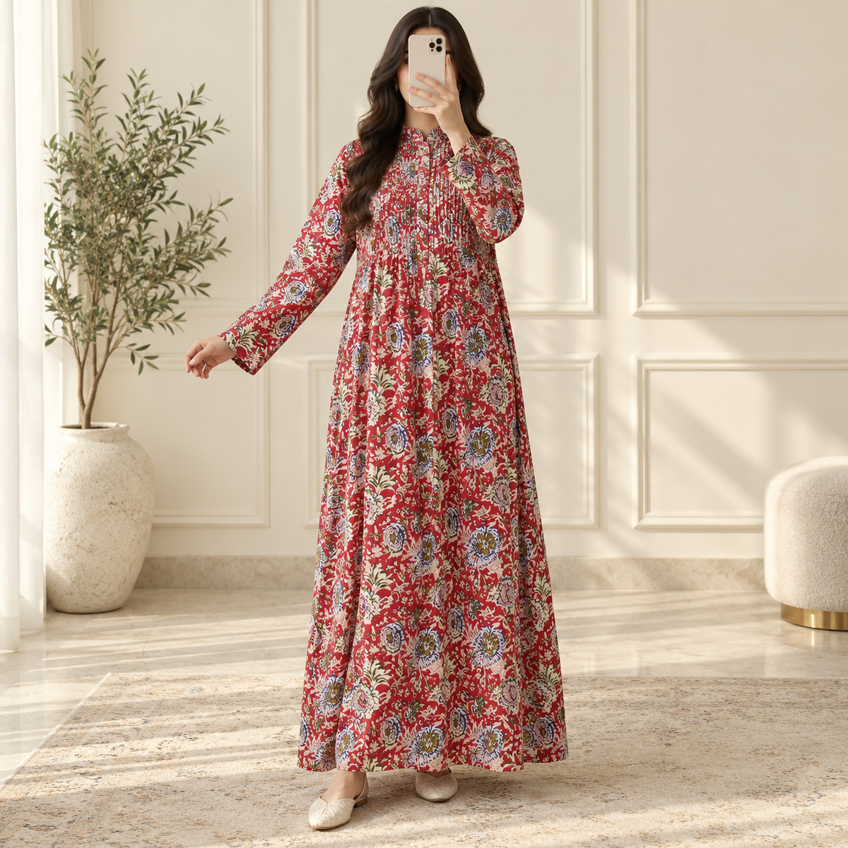 XS/S Afra Printed Cotton Long Dress Jalabiya – 54"