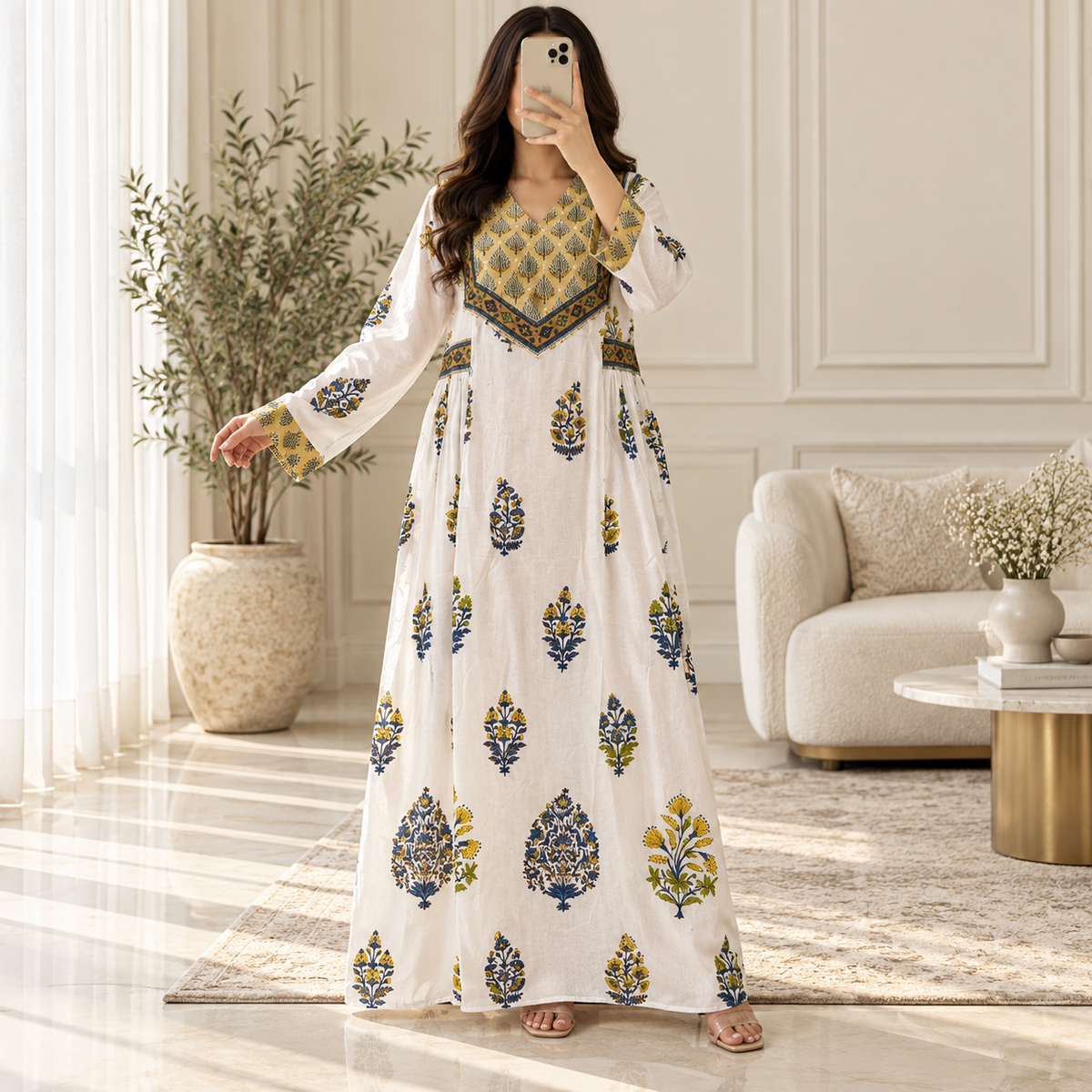 L/XL Arwa Printed Cotton Long Dress Jalabiya – 57"