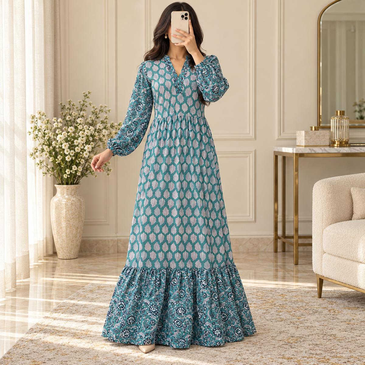 S/M Bahira Printed Cotton Long Dress Jalabiya – 57