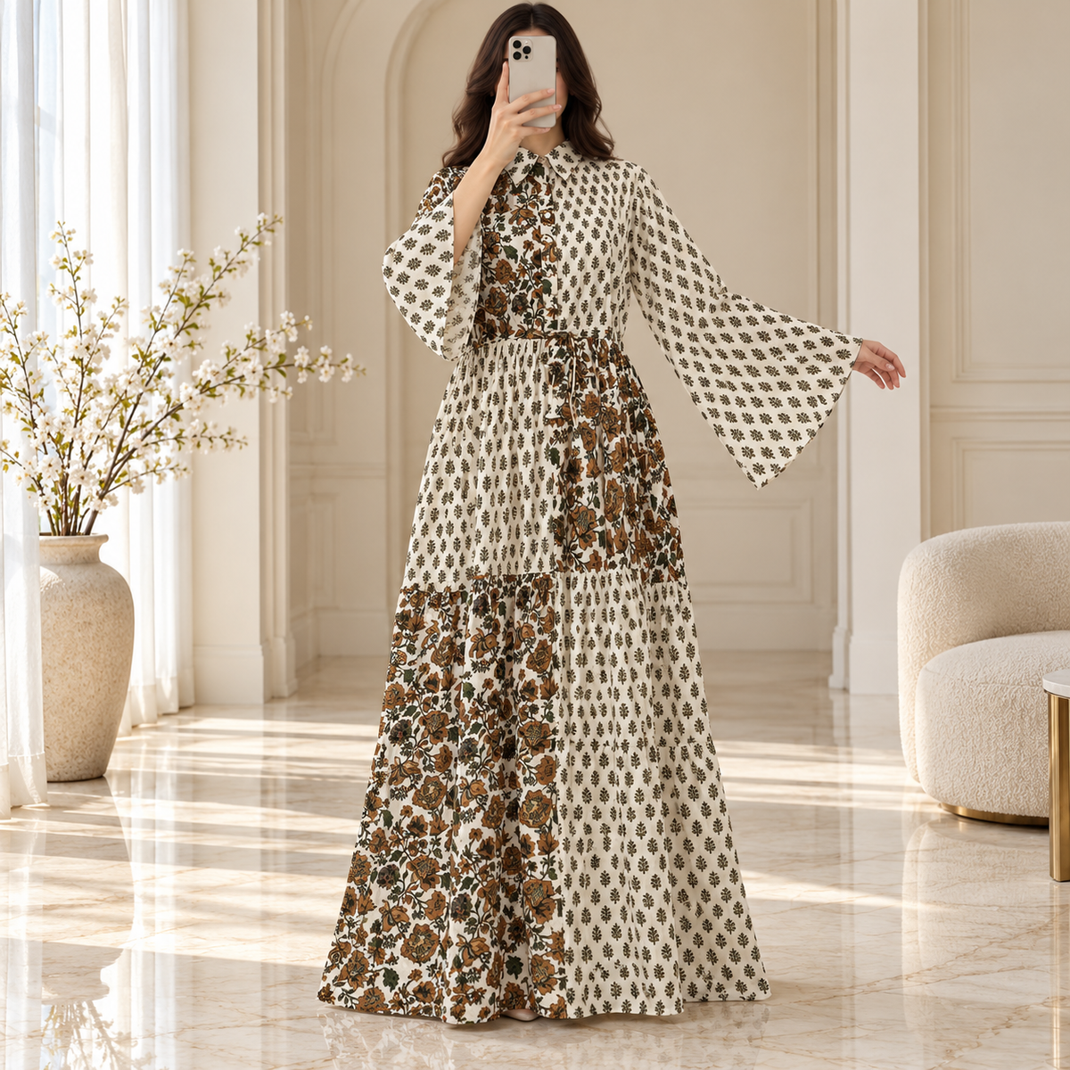 S/M Fatim Printed Cotton Long Dress Jalabiya – 57