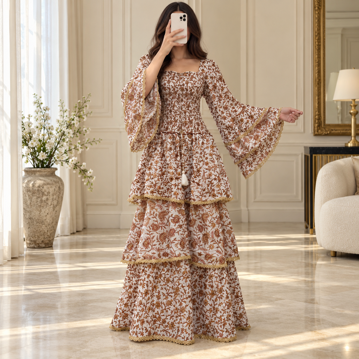 L/XL Rahima Printed Cotton Long Dress Jalabiya – 57"