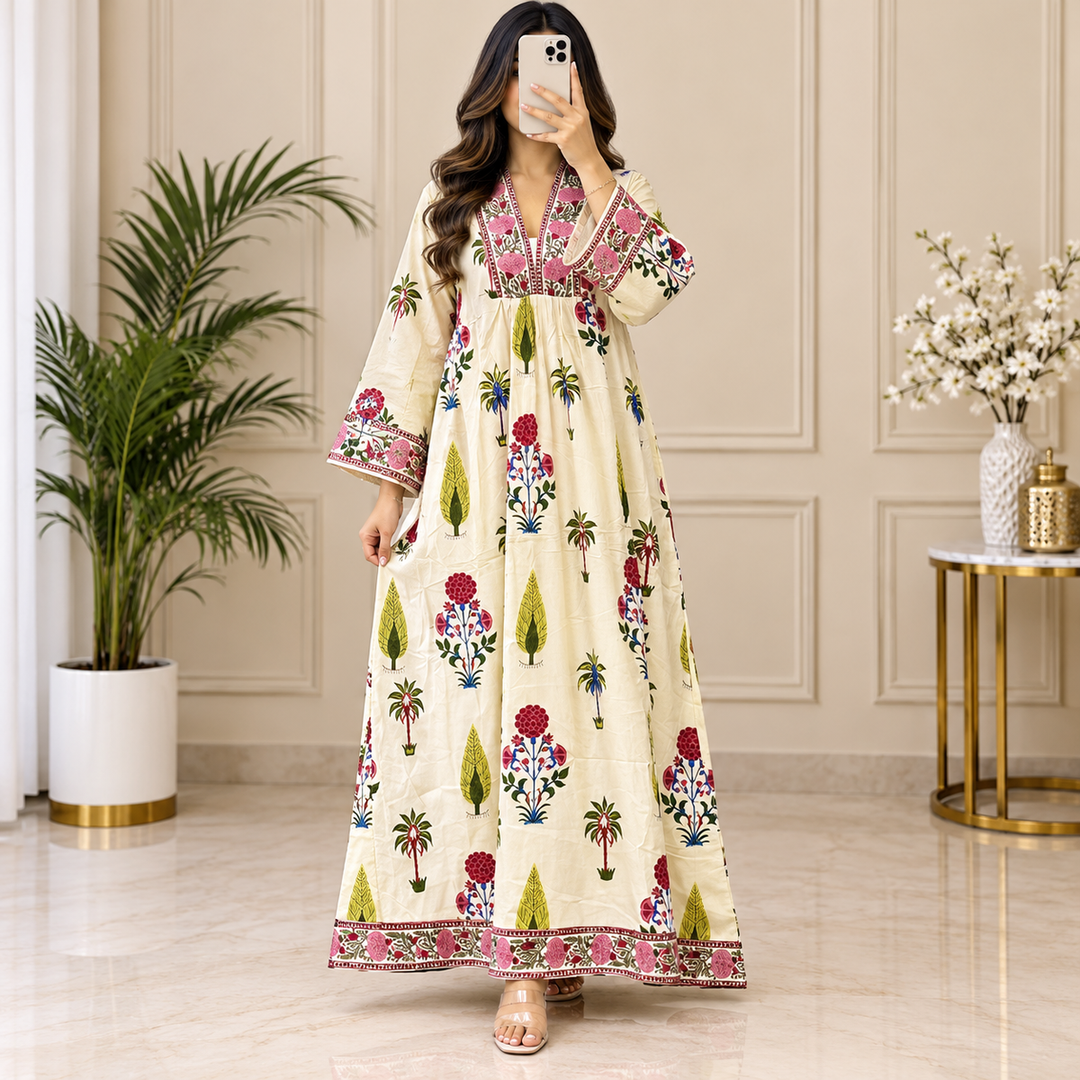 L/XL Liza Printed Cotton Long Dress Jalabiya – 57"