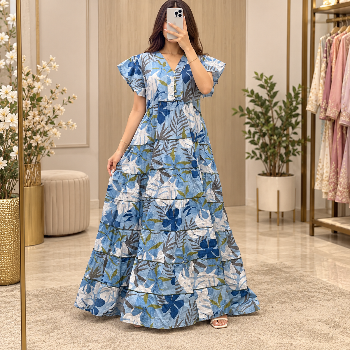 S/M Qamar Printed Cotton Long Dress Jalabiya – 57