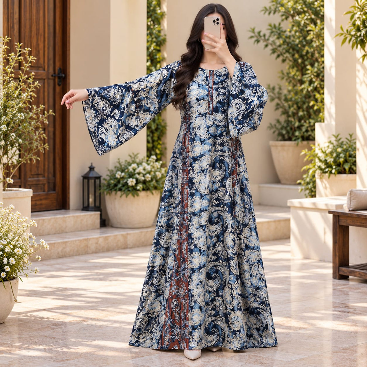 S/M Marry Printed Silk Long Dress Jalabiya – 57