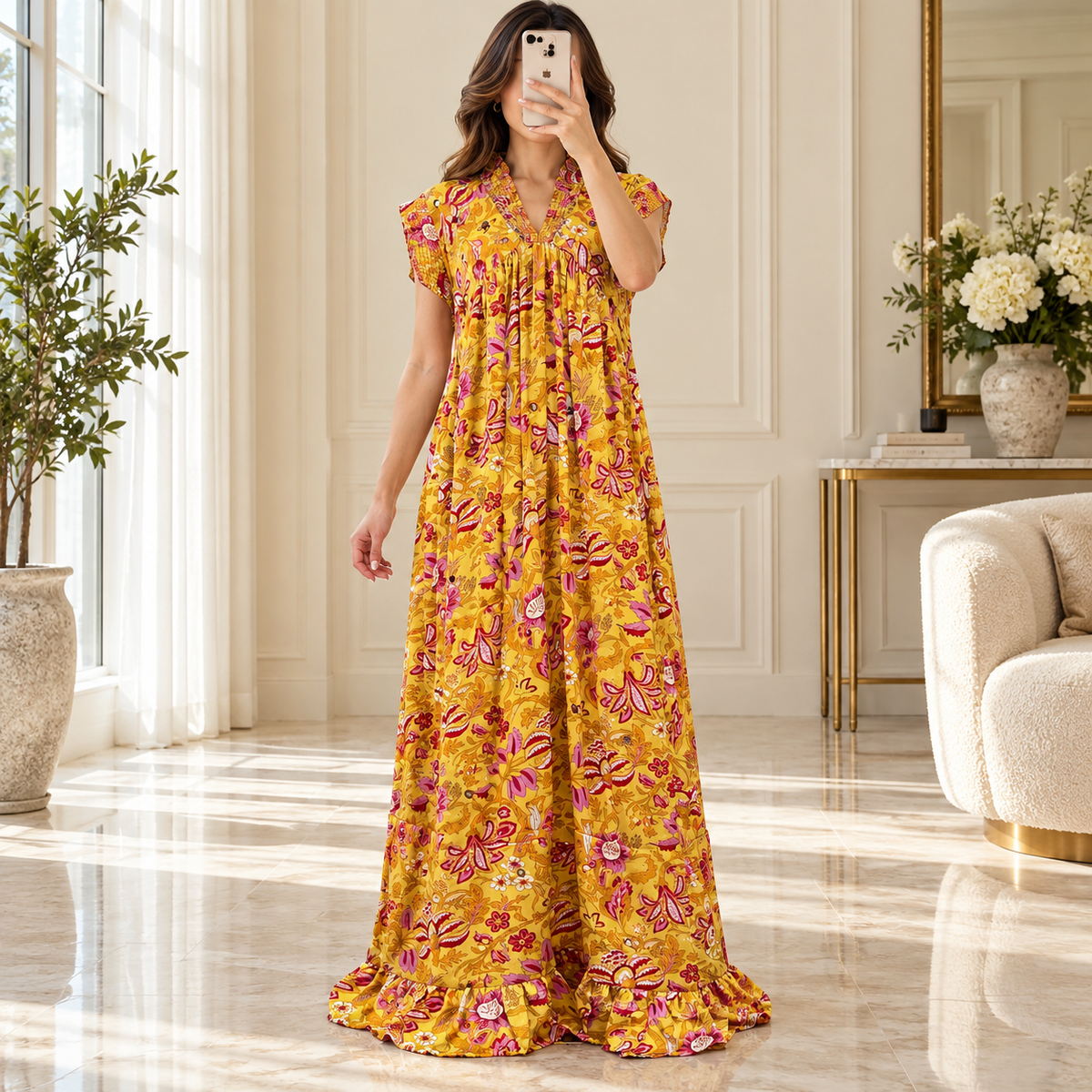 S/M Amani Printed Silk Long Dress Jalabiya – 54"