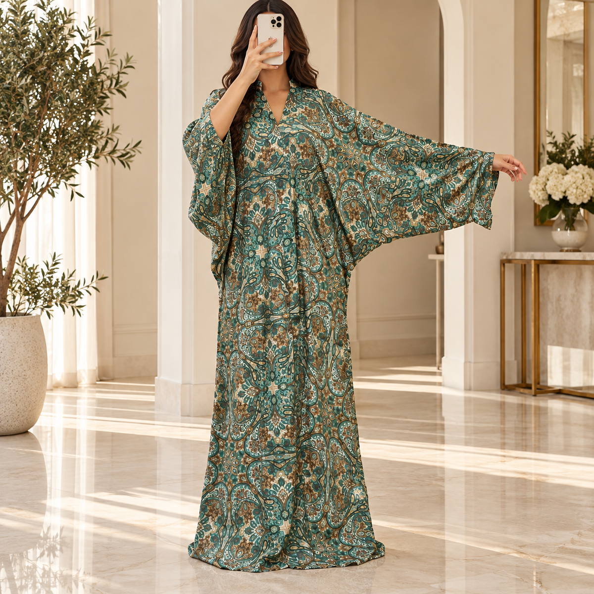 2XL/3XL Abaya Printed Silk Long Dress Jalabiya – 57"