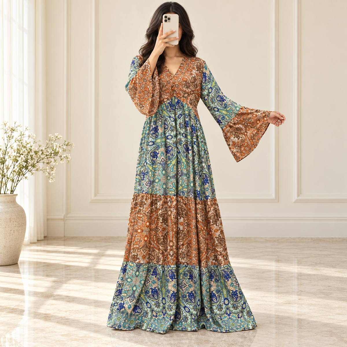 S/M Maldives Printed Silk Long Dress Jalabiya – 57
