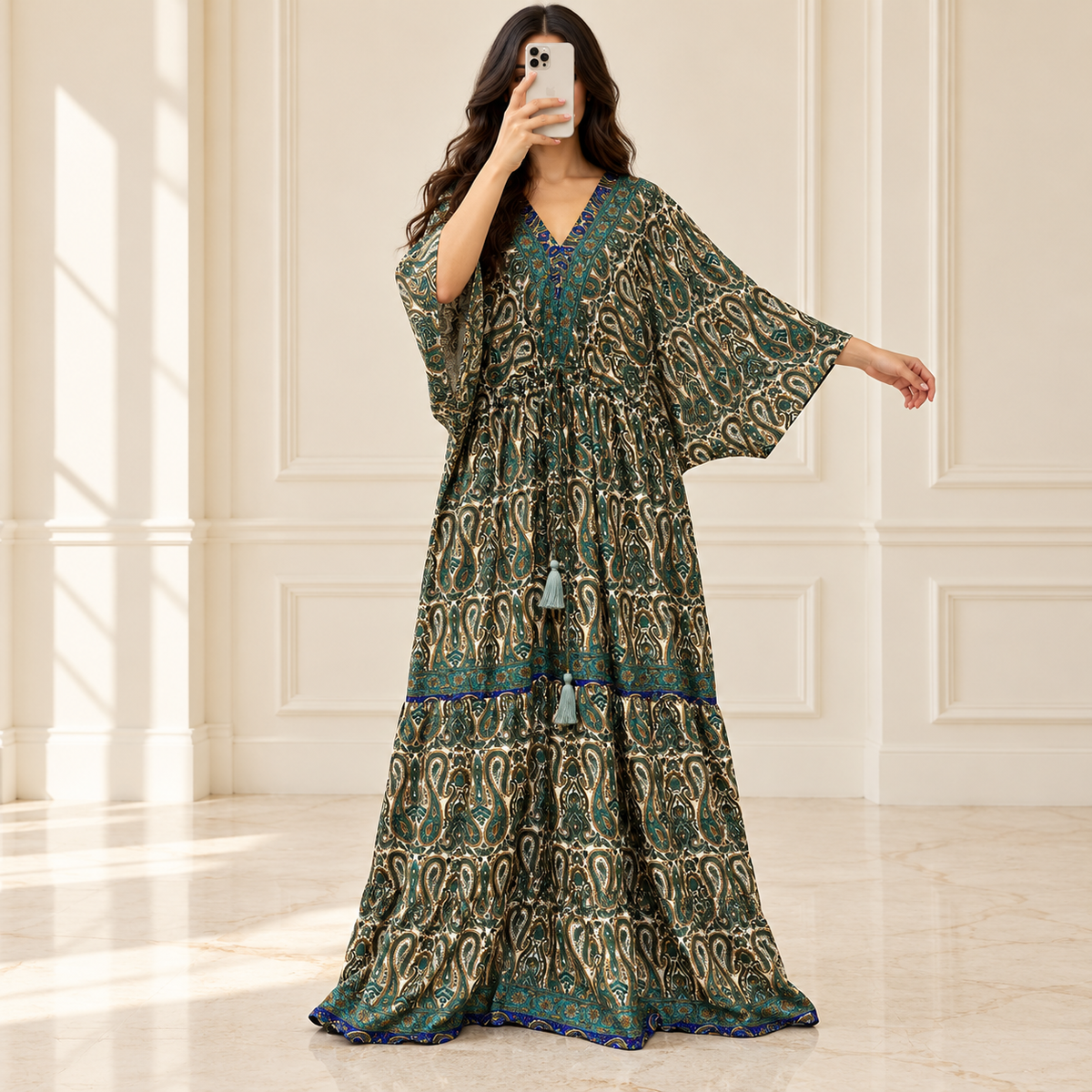 Free Size Farasha Printed Silk Long Dress Jalabiya – 57"