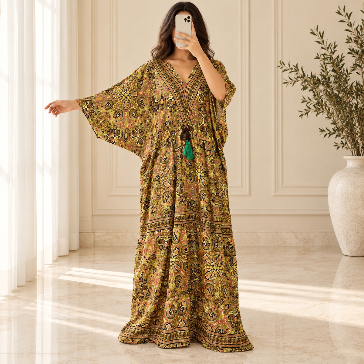 Free Size Farasha Printed Silk Long Dress Jalabiya – 57"