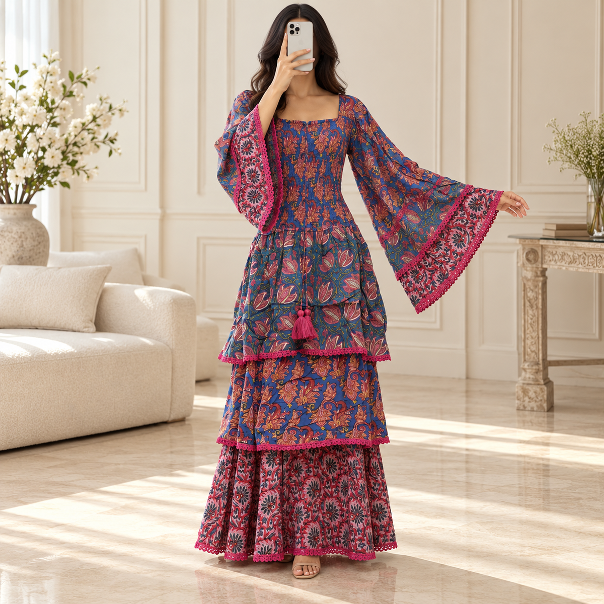 XS/S Rahima Printed Cotton Long Dress Jalabiya – 54"