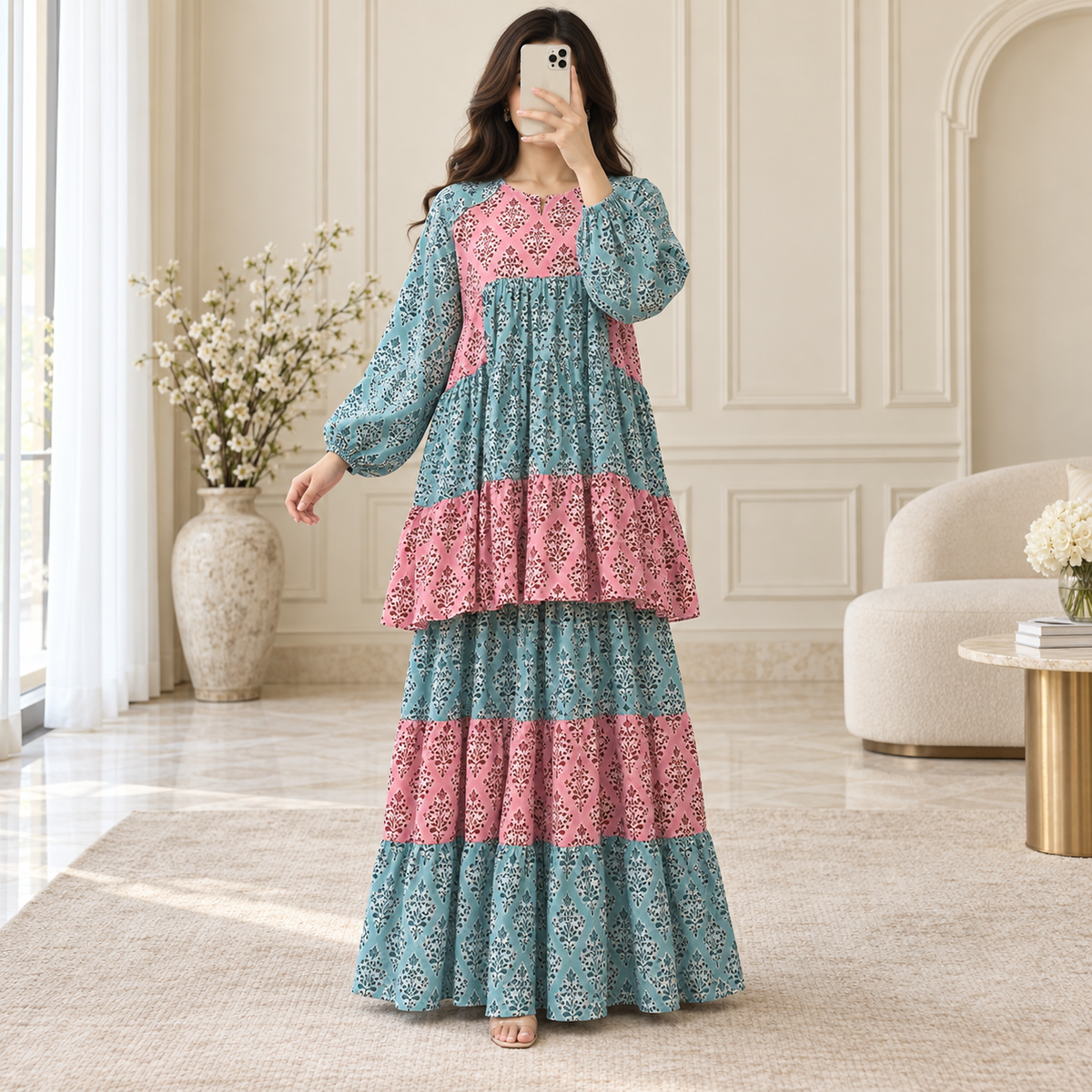 L/XL Jarif Printed Cotton Long Dress Jalabiya – 57"