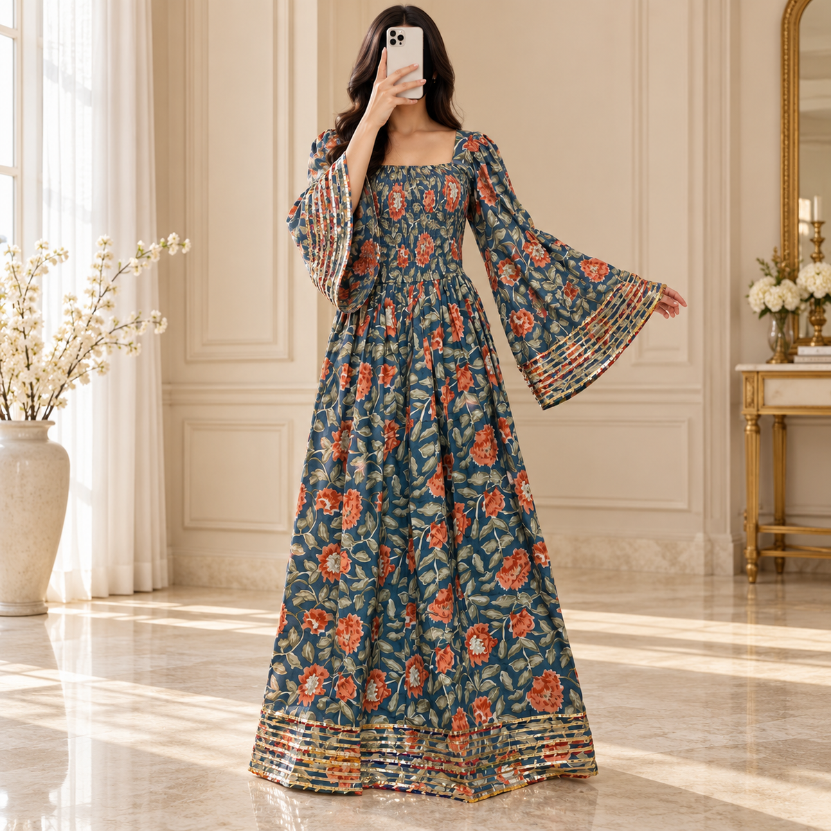 XS/S Elzina Printed Cotton Long Dress Jalabiya – 54"