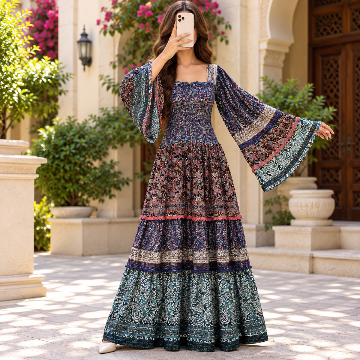 2XL-3XL Rahima Crystal Printed Silk Long Dress Jalabiya – 57