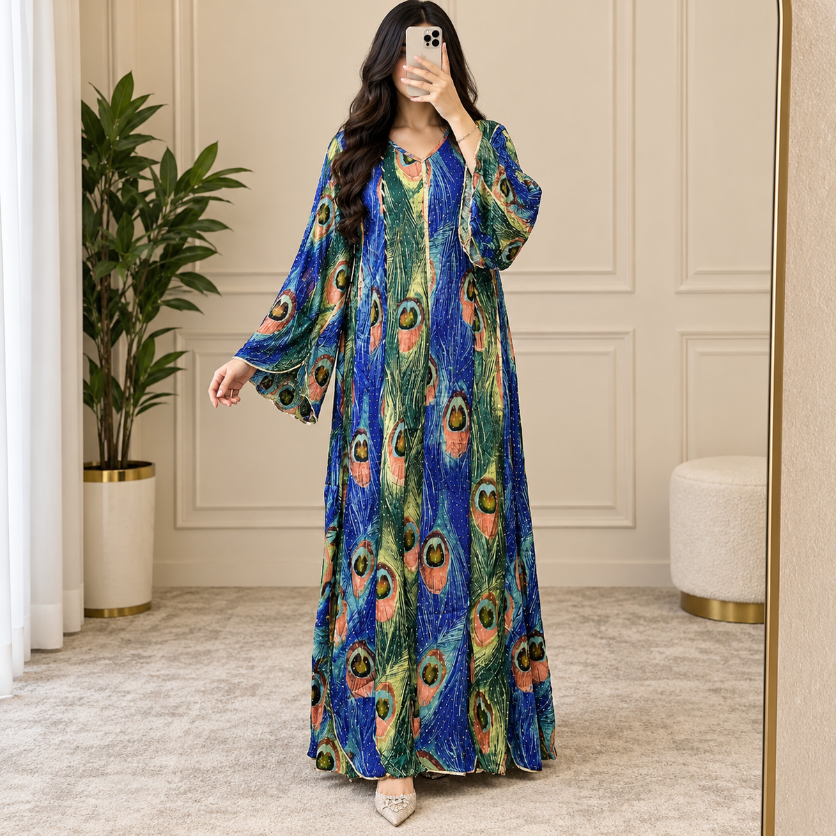 XS/S Meher Crystal Printed Silk Long Dress Jalabiya – 54