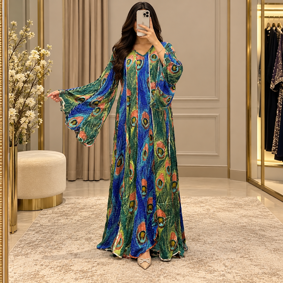 S/M Meher Crystal Printed Silk Long Dress Jalabiya – 57