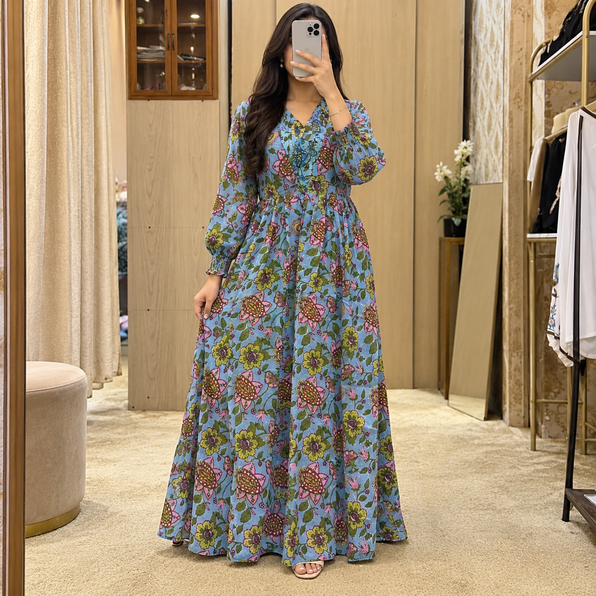 S/M Fahima Printed Cotton Long Dress Jalabiya – 57
