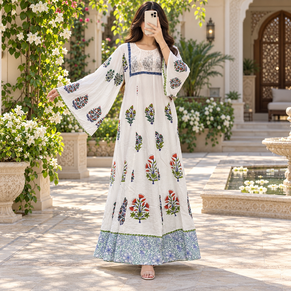 L-XL Meheq Printed Cotton Dress 57" Long Jalabiya