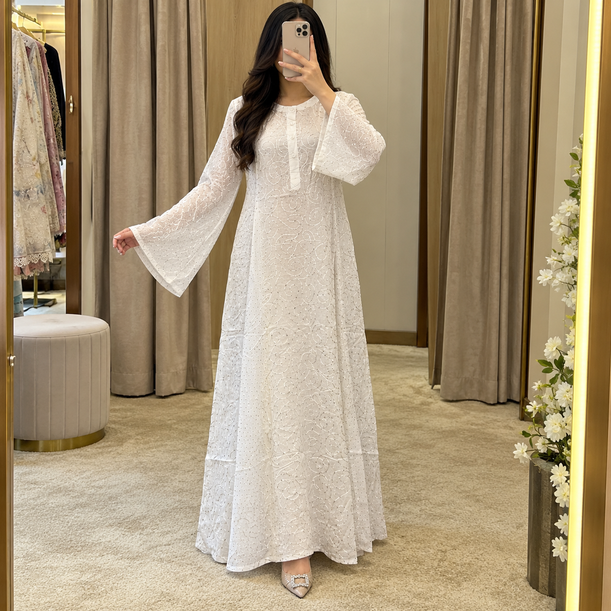 XS/S Seeya Embroidery Crystal White Cotton Long Dress Jalabiya – 54"