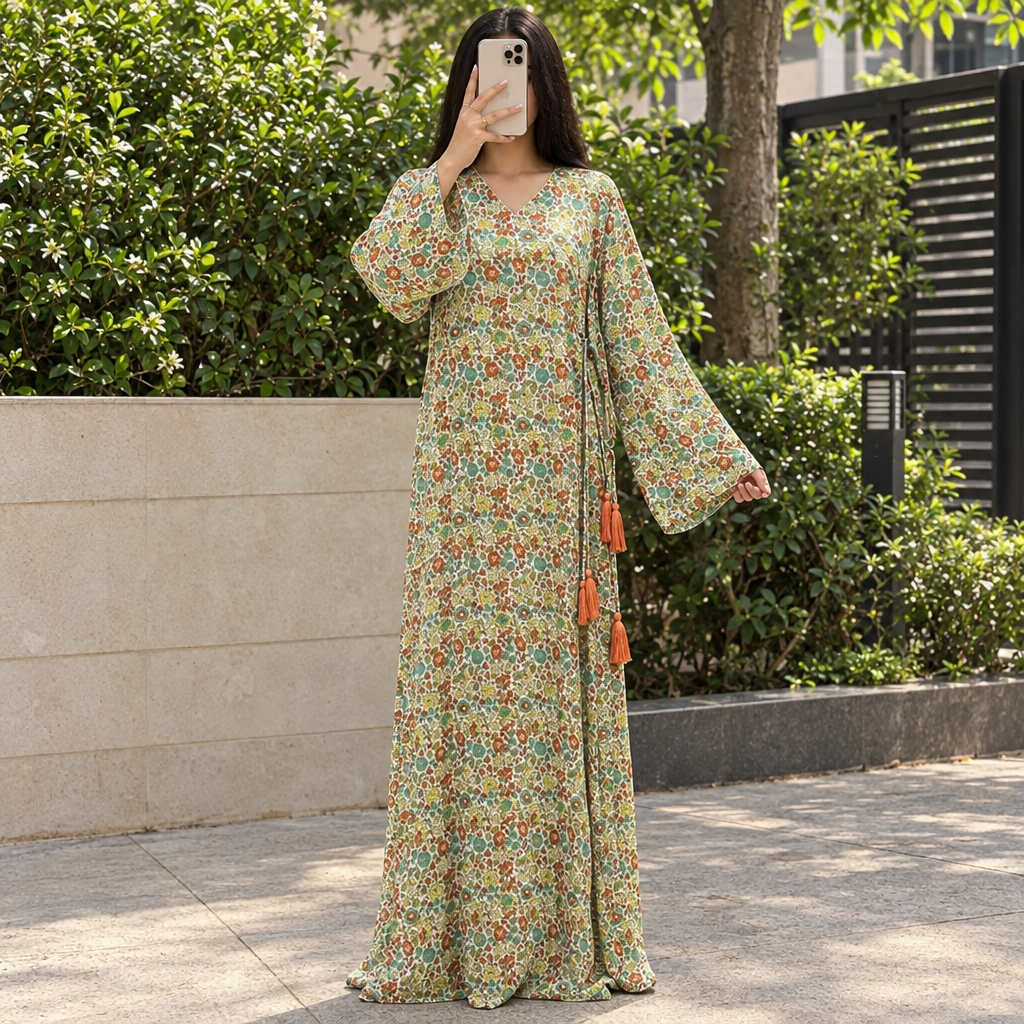 S/M Qifa Crystal Printed Silk Long Dress Jalabiya – 57