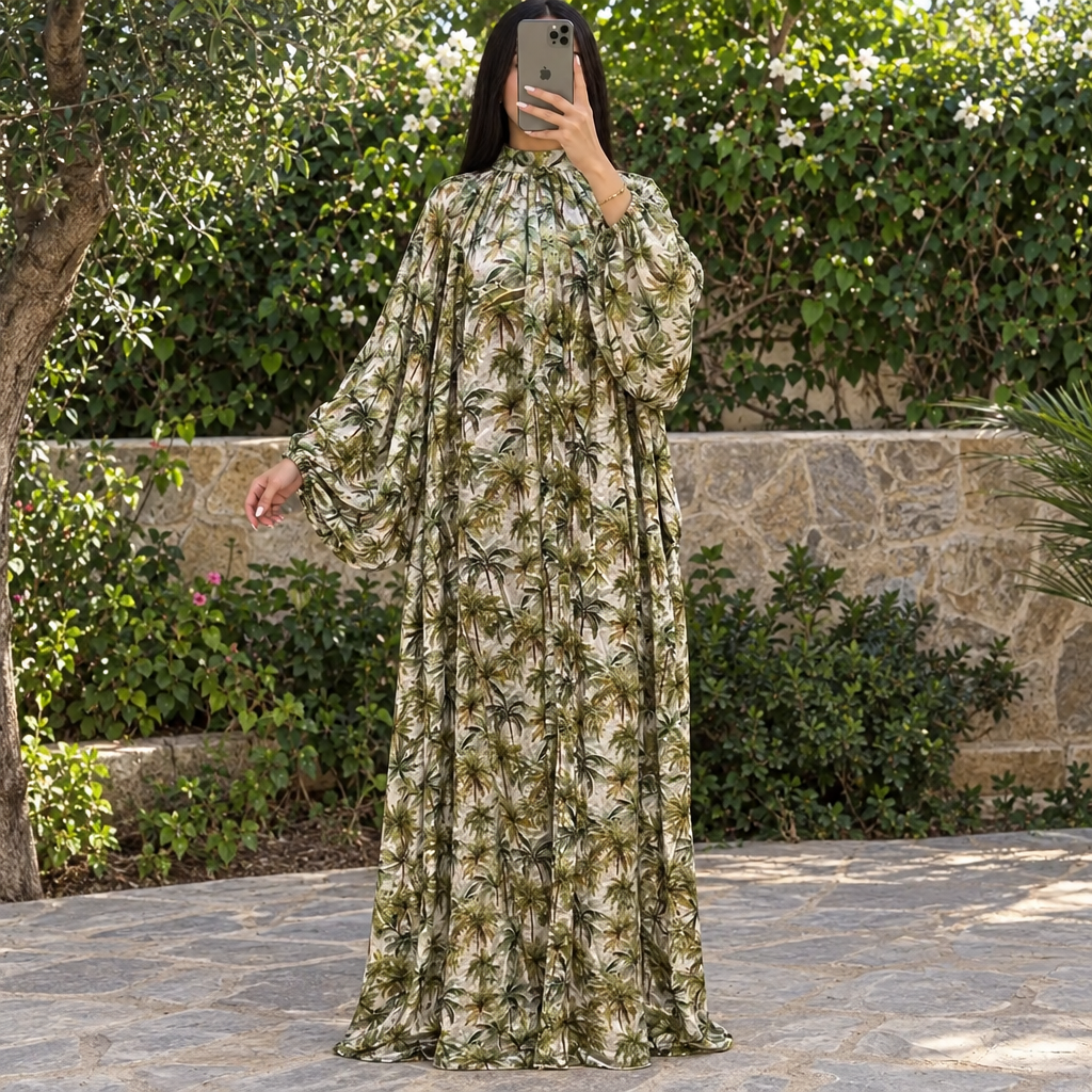 O/S Hiral Silk Crystal Printed Dress 57" Long Jalabiya