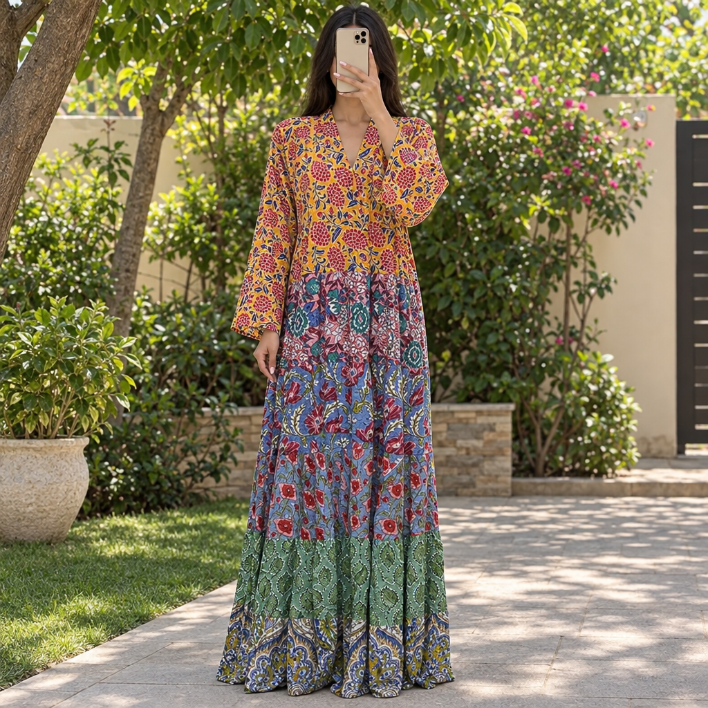 L-XL Crystal Amaara Printed Cotton Long Dress Jalabiya – 57