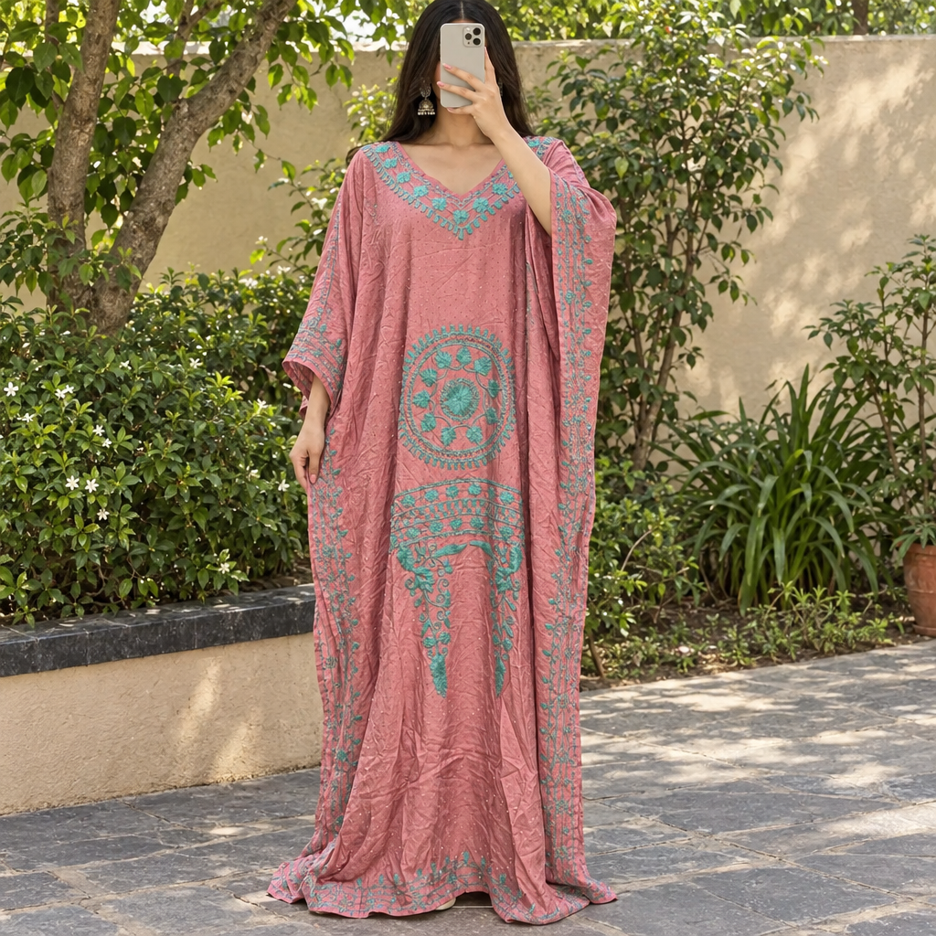 L/XL Crystal & Embroidery Farasha Cotton Long Dress Jalabiya – 57"