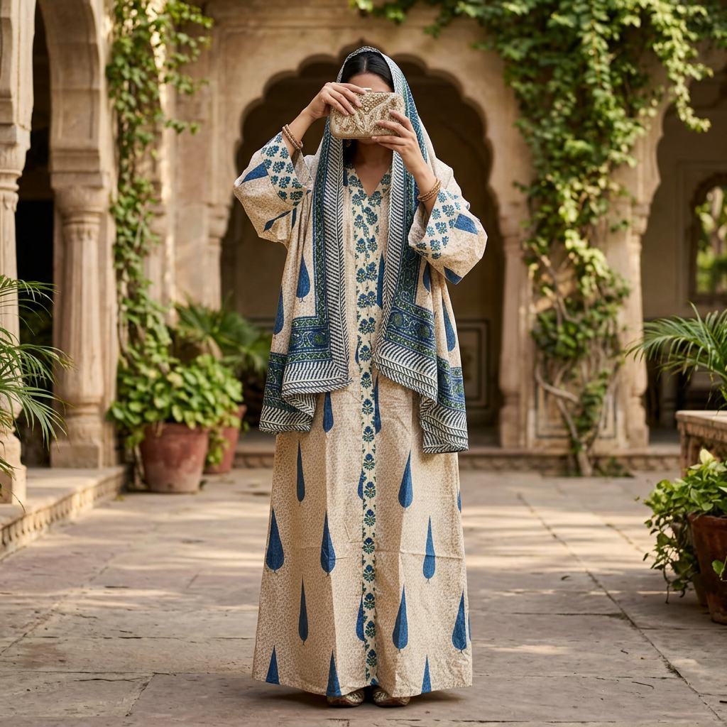 L/XL Cotton Printed Abaya & Inner With Sheila Set length 57” Long
