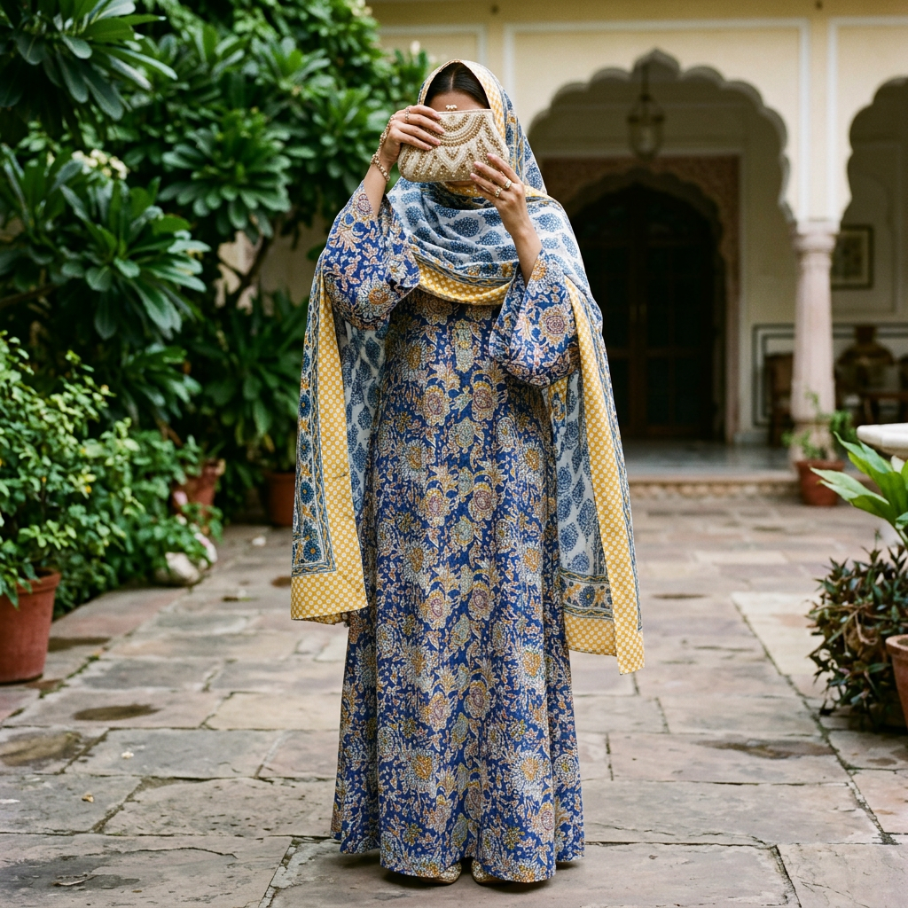 XS/S Cotton Printed Abaya & Inner With Sheila Set length 54” Long