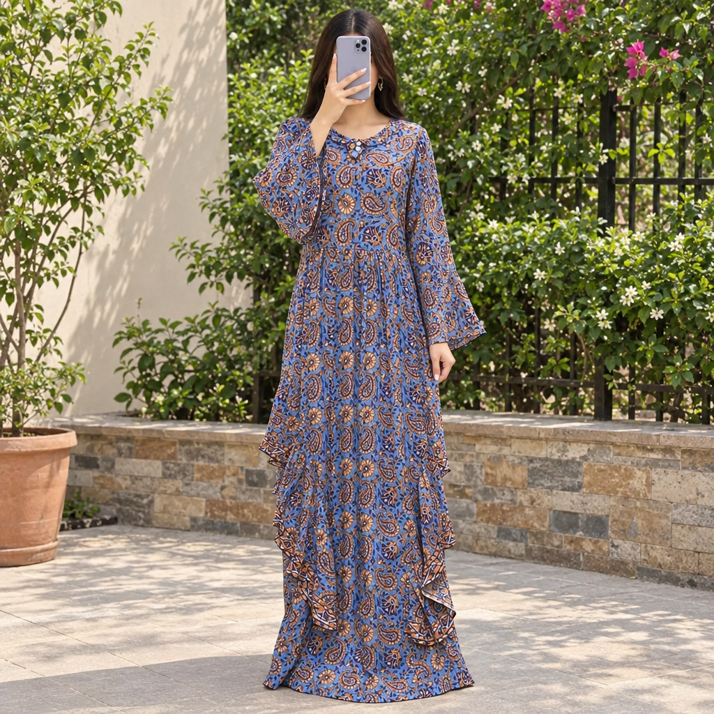 S/M Jalila Printed Cotton Long Dress Jalabiya – 57