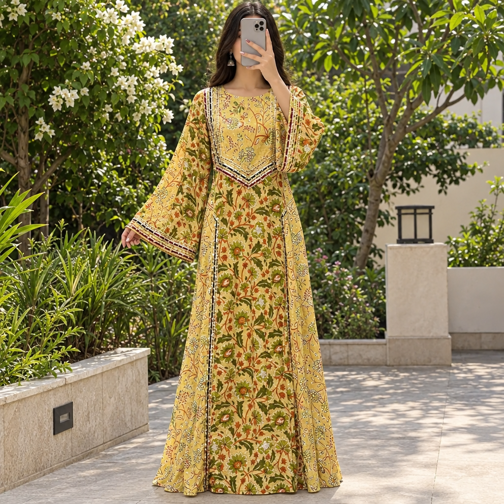 S/M Rida Printed Cotton Long Dress Jalabiya – 57