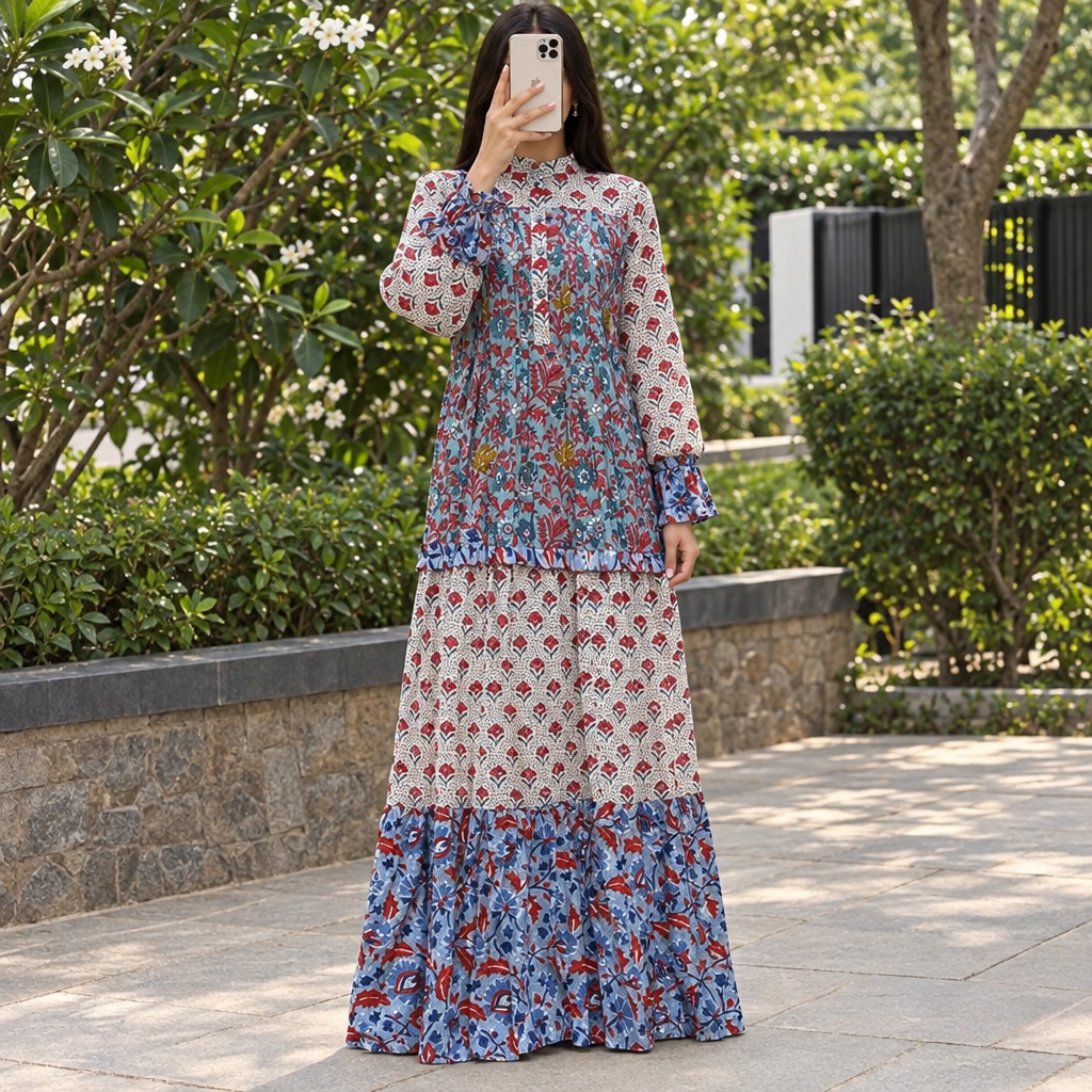 L/XL Elle Printed Cotton Dress 57" Long Jalabiya