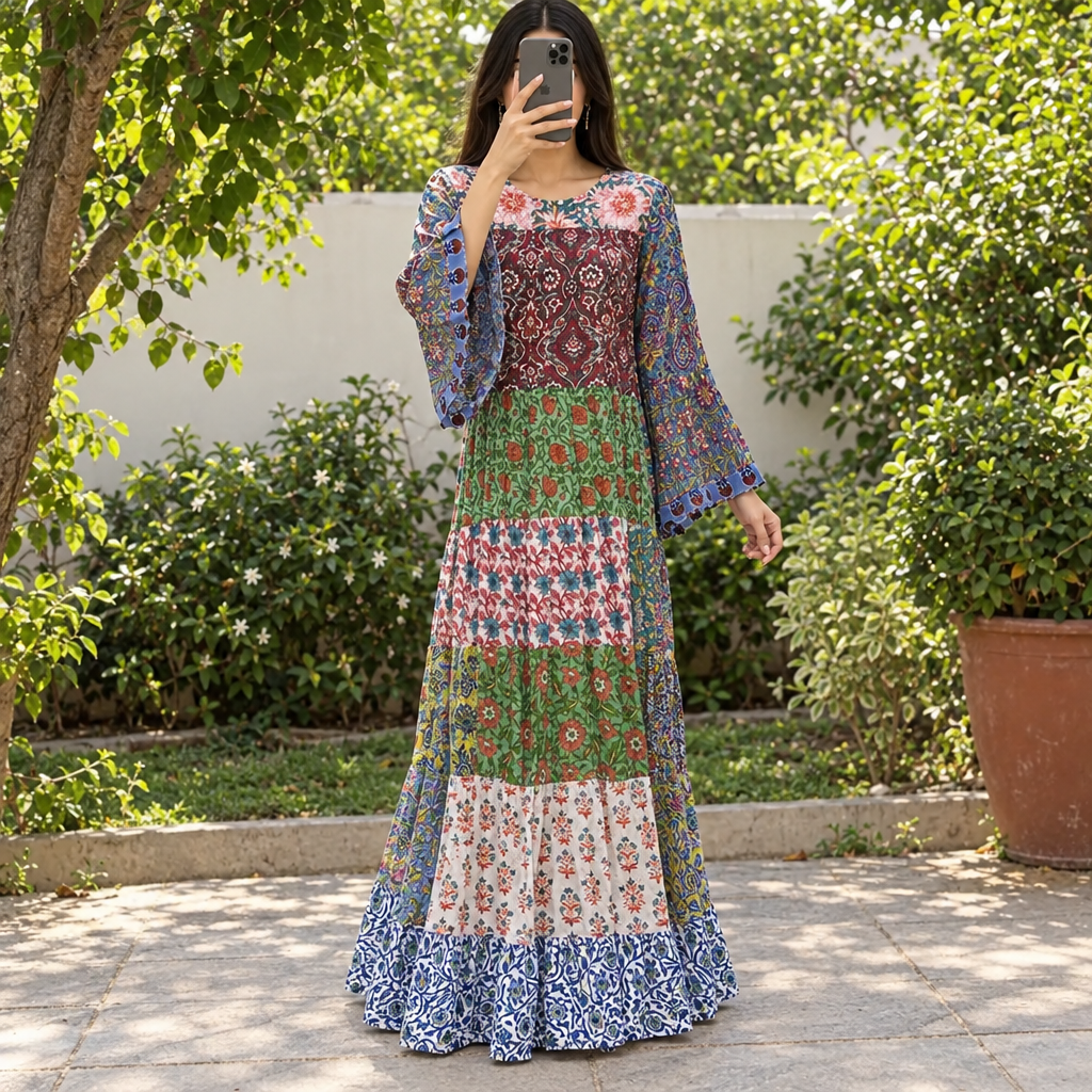 L/XL Patal Printed Cotton Dress 57" Long Jalabiya