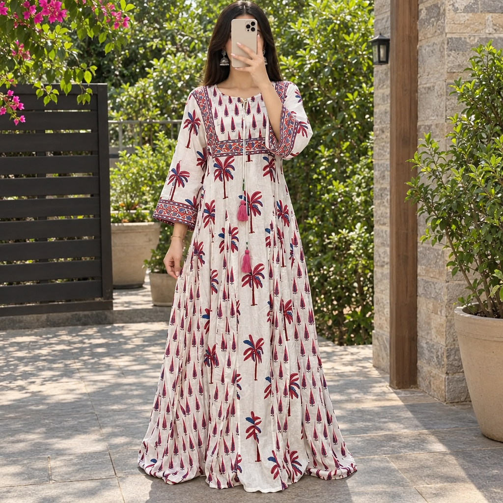 S/M Anaya Printed Cotton Long Dress Jalabiya – 57