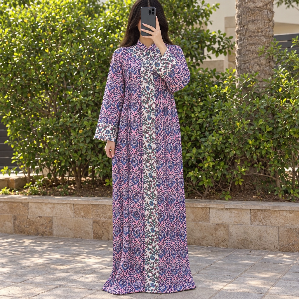 L/XL Aafreen Printed Cotton Dress 57" Long Jalabiya