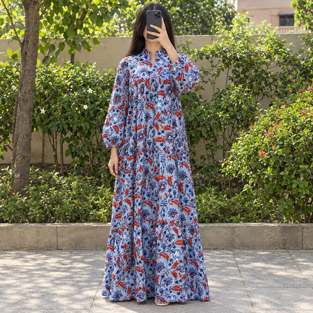 L/XL Ziya Printed Cotton Dress 57" Long Jalabiya