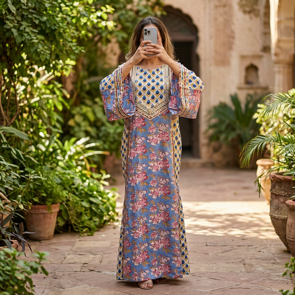 L/XL Rida Printed Cotton Dress 57" Long Jalabiya