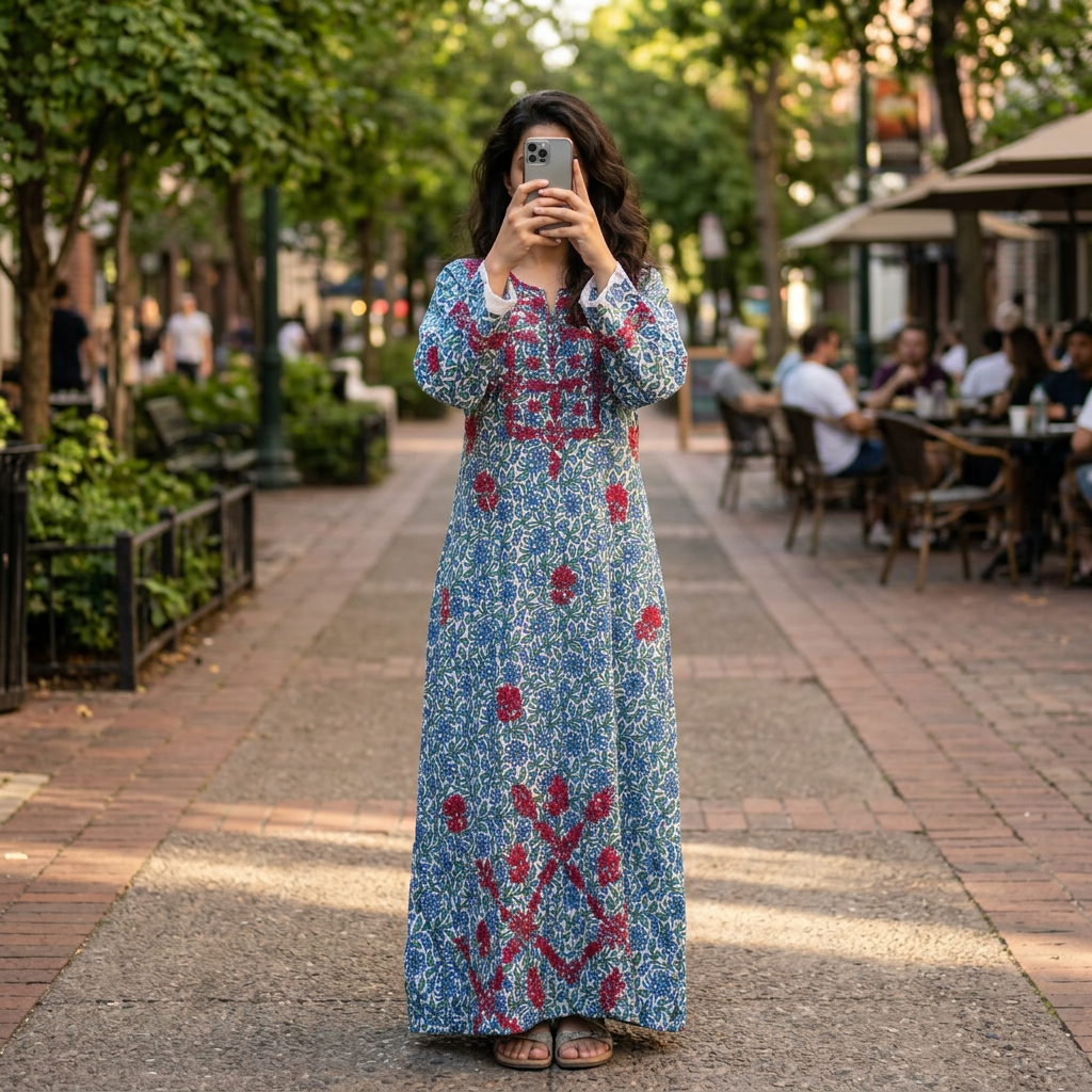 L/XL Sofi Embroidery Printed Cotton Dress 57" Long Jalabiya