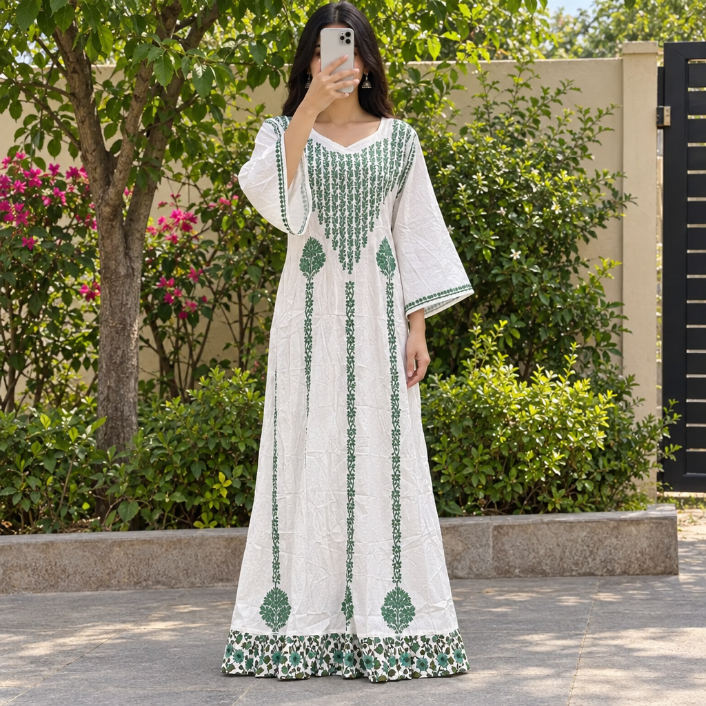 L/XL Amreen Embroidery Printed Cotton Dress 57" Long Jalabiya