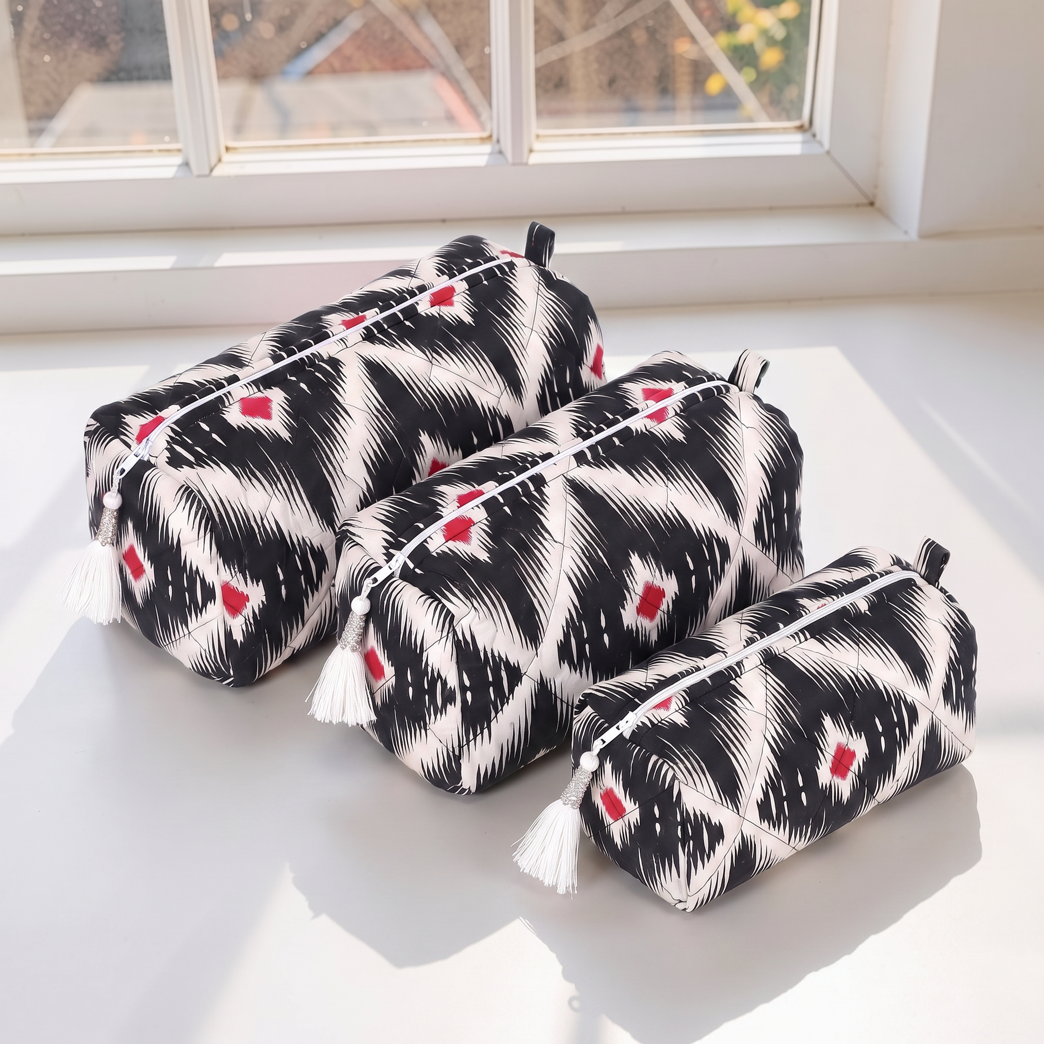 Cotton Printed 3 Pcs Cosmetic Bag Set With Zipper