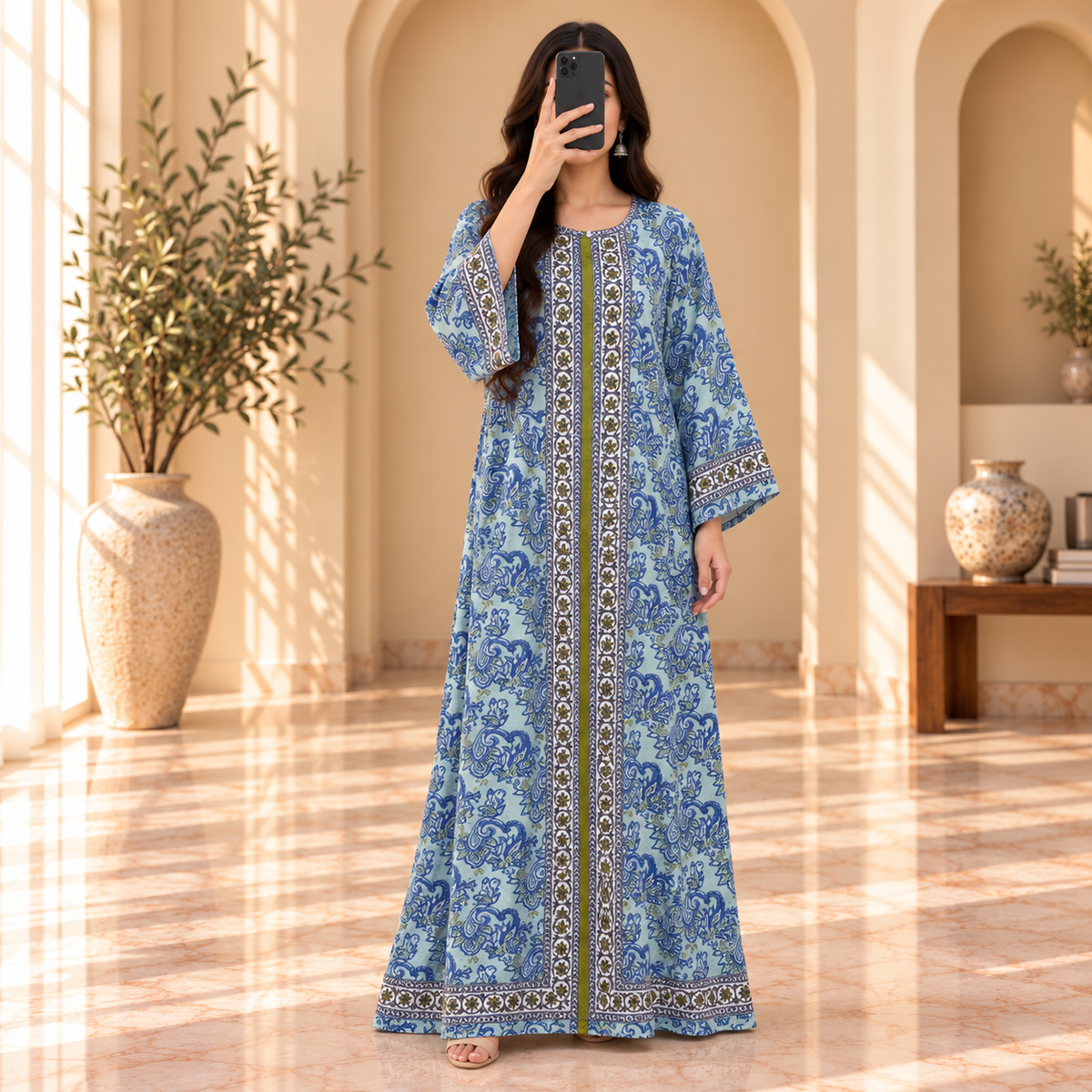 S/M Bhopali Crystal Printed Cotton Long Dress Jalabiya – 57"